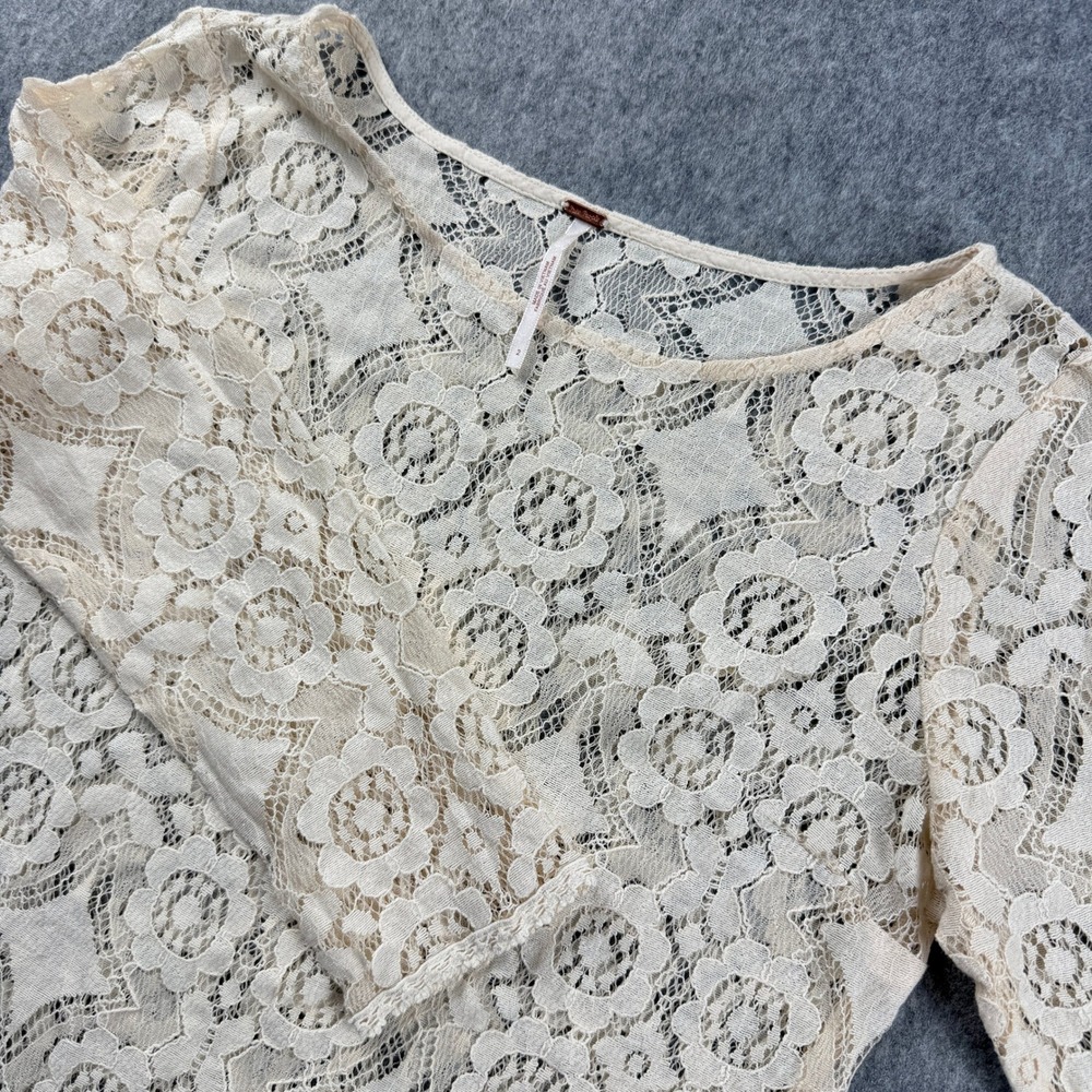 Free People Sheer Lace Mini Dress Tunic Size‎ 2 Cream/ivory